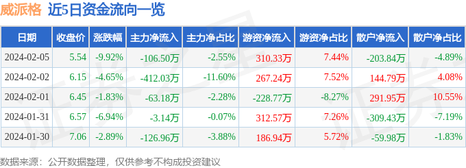 三亿体育股票行情快报：威派格（603956）2月5日主力资金净卖出10650万元(图1)